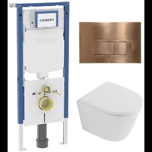 QeramiQ Dely Toiletset - 36.3x51.7cm - diepspoel - rimless - Geberit UP720 inbouwreservoir - softclose toilet zitting 35 mm - koperen bedieningsplaat - rechthoekige knoppen - mat wit