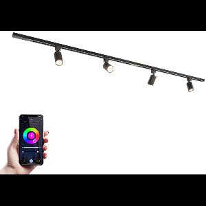HOFTRONIC railverlichting pakket recht – 2x 1 meter rail – 4x RGBWW GU10 dimbare railspots – aluminium zwart – IP20 – modulair – 230V – smart track lights woonkamer keuken