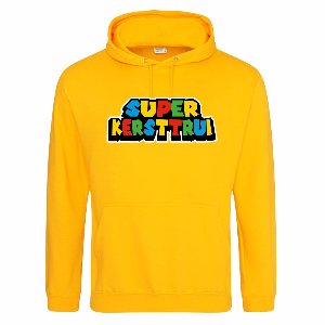 Gele (gold) hoodie met "Super kersttrui" - maat S - kerst, kerstmis, fout, kerstfeest, kerstmis, trui, kerstdiner, aankleding, hoody, hoedie