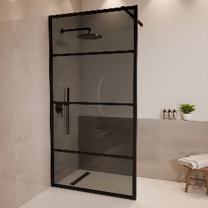 Lomazoo Douchewand Tacna - 100 X 200 Cm - Zwart - 8 Mm Gerookt Glas Met Strepen - Kalkvrije Nano Coating