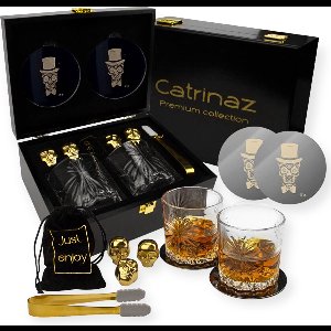 Luxe Whiskey Set in Houten Geschenkdoos – Skull Design – 2 Glazen, 4 RVS Whiskey Stones, Onderzetters & IJstang – + E book – Catrinaz®