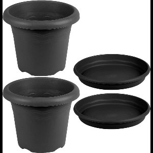 4x stuks ronde plantenpotten antraciet grijs met opvangschaal met diameter 14 cm - Kunststof - Buiten gebruik