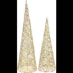 Verlichte LED kegels/kerstboom - 2x st - goud - H40 en H60 cm