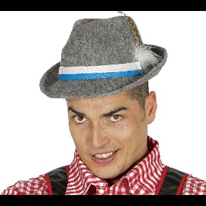 Fiestas Guirca Tiroler Oktoberfest hoedje - met veer - grijs - verkleedaccessoire volwassenen