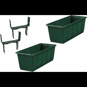 Set van 3 kunststof plantenbakken donkergroen rechthoekig 60 cm met 6 verstelbare balkon/muurbeugels