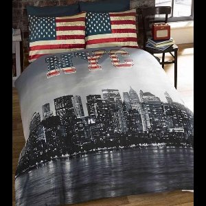 2-persoons dekbedovertrek (dekbed hoes) met skyline van de stad New York City en Amerikaanse vlag (rood / blauw met sterren) Stars and Stripes uit Amerika tweepersoons 200 x 200 cm (stoer beddengoed tienerkamer, cadeau idee Sint & Kerst!)