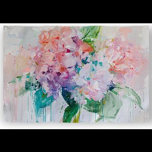 Kontoer design ® Artistieke hortensia tuinposter, 120x80 cm met bloemen in vrolijke pastel kleuren en veel details, zoals verfstreken, druppels, oliepastelkrijt ; Tuinposter bloemen, Tuinschilderij bloemen, Tuindoek, Schuttingposter, Buitenposter