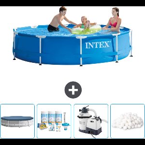 Intex Rond Frame Zwembad - 305 x 76 cm - Blauw - Inclusief Afdekzeil - Onderhoudspakket - Zwembadfilterpomp - Filterbollen