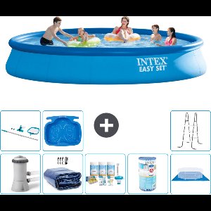 Intex Rond Opblaasbaar Easy Set Zwembad - 457 x 84 cm - Blauw - Inclusief Pomp Solarzeil - Onderhoudspakket - Filter - Grondzeil - Schoonmaakset - Ladder - Voetenbad