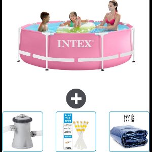 Intex Rond Frame Zwembad - 244 x 76 cm - Roze - Inclusief Zwembadfilterpomp - Testrips - Solarzeil