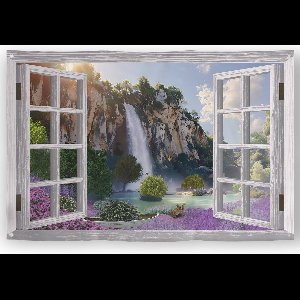 Kontoer design ® Tuinposter doorkijk xxl 120x80 cm met een strand, een meer met bloemen, een waterval, vogels en vlinders bij zonsondergang; Tuinschilderij, Schuttingposter, Schuttingdoek, Schutting decoratie, Tuindecoratie