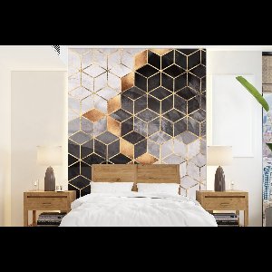 Behang - Fotobehang Abstract - Kubus - Goud - Patronen - Zwart - Wit - Breedte 190 cm x hoogte 260 cm