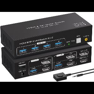 NÖRDIC KVM Switch - HDMI 2.1 - DisplayPort 1.4 - 8K60Hz/4K120Hz - 2 PC’s delen 4x USB-A 3.1 - 2 Externe Schermen - 2 naar 2
