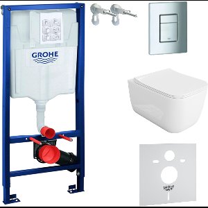 Inbouwreservoir Complete Toiletset Grohe Solido 39069000 - Inbouw WC Hangtoilet Wandcloset Shak Wit Hoogglans - Bedieningsplaat EVEN 4in1 Chroom - Voorwandelement - Installatiesysteem
