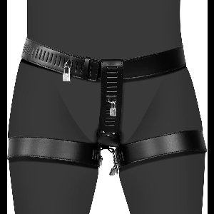 PU Leather Female Chastity Belt with Leg Restraint - Black