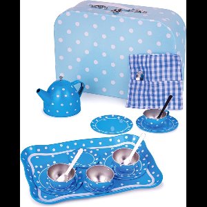 Bigjigs blikken servies blauw/wit in koffer serviesje