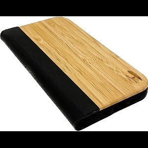 houten design flip case, iPhone 13 mini – Bamboe met zwart leer