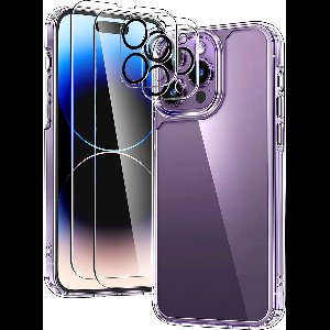 Podec iPhone 14 pro Hoesje Transparant - Bundel met 2x Screenprotector + 2x Cameraprotector - Telefoonhoesje met Beschermglas - Case Doorzichtig