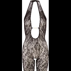 Mandy Mystery Lingerie –  Catsuit Open Kruis met Kanten Motief en Lage Decolleté voor Spanning – Maat L/XL – Zwart