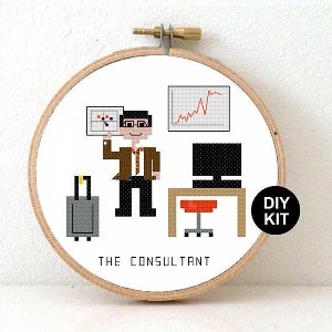Manlijke consultant borduurpakket | Borduurpakket voor volwassenen | Adviseur kado maken  | Borduurpakket inclusief borduurring, DMC borduurgaren, Aida borduurstof, borduurnaald en instructies