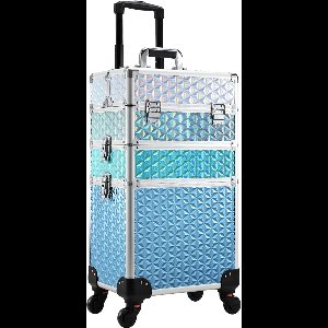 Professionele Make-up Trolley Koffer met Aluminium Frame, 360° Draaibare Wielen, Slot & Sleutel, Grote Cosmetische Organizer voor Make-up Artist, Kapper en Schoonheidsspecialist – Turquoise Ruitpatroon