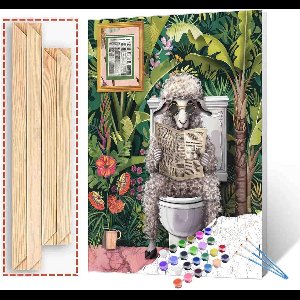 Schilderen op Nummer Set voor Volwassenen met Canvas en Kleuren: Grappig Schaap op Toilet, 40x50 cm