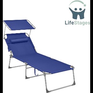 LifeStages - Ligbed Zwembad - Grote Ligstoel - Opvouwbare Ligstoel - Draagvermogen 150kg - met Zonwering en Verstelbare Rugleuning - voor Tuin, Zwembad, Terras - Donkerblauw