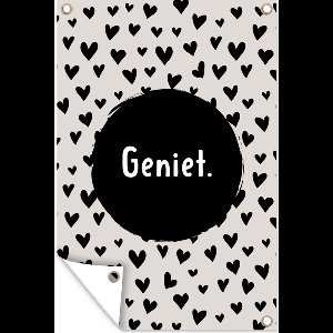 Tuinposter - Quotes - Tekst - Geniet - Hartjes - Beige - Spreuken - 40x60 cm - Tuinschilderij - Schuttingposter - Tuindoek - Buitenposter