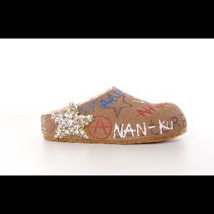 NAN-KU dames slipper suede lichtgroen, bedrukt en met strass