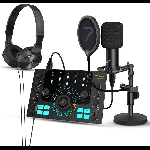 7RYMS Podcast Kit Solo Podcast Set - Complete Set met Audio Mixer, Microfoon en Koptelefoon - Met Ingebouwde Accu & 2 XLR Ingangen - Zwart