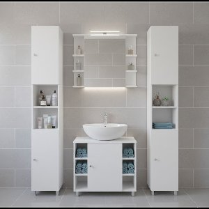 Luxe Badkamermeubelset Fynn Wit – 4-Delige Badkamerkast Set met Spiegelkast, Wasbakmeubel, Hoge Kast & Midi Kast – Moderne Badkamerkastenset met Veel Opbergruimte – 60 cm