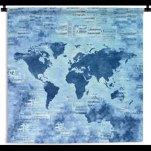 Wandkleed - Wanddoek - Wereldkaart - Abstract - Blauw - 90x90 cm - Wandtapijt