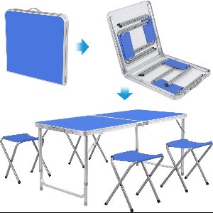 Kampeertafel - Opvouwbare Aluminium Kampeertafel van 120 cm met 4 Inklapbare Krukjes - Complete Buitentafel en Stoelen Set voor Tuin, Camping en Outdoor Gebruik.