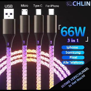 CL CHLIN® RGB verlichte 66w USB Snel lader kabel - oplaadkabel en datakabel voor iphone, samsung, google pixel en Android telefoons- usb lightning kabel - USB C - lightning kabel - Micro USB - USB A - Oplaadkabels - MFI Gecertificeerde