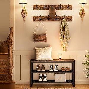 Kapstok Schoenbank Set, kledingrek met 9 haken, schoenenrek met zitting, kapstok met bank, veel opbergruimte, metalen frame, Industrieel ontwerp, vintage bruin-zwart EBF17MT01