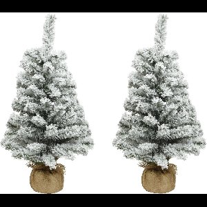 Everlands kunst kerstboom - 2x stuks - H75 cm - met sneeuw - kunstboom - jute zak - Imperial snowy