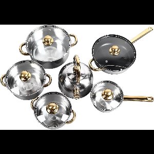 JHubers Goods - Roestvrijstalen 12-delige Potten en Pannenset met Gouden Handvat - Hittebestendig en Gemakkelijk te Reinigen - Geschikt voor Alle Kookplaten