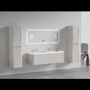 Badkamermeubel 2 persoons - 140 cm - Taupe - 2 zijkasten, 1 LED spiegel