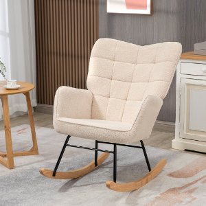 Schommelstoel, accentstoel, relaxfauteuil met Berber fleece, voor slaapkamer, tot 120 kg, beige, 71x92x101 cm