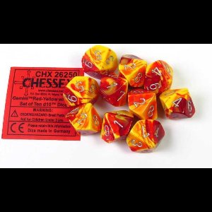 Chessex Gemini Rood-Geel/Zilver D10 Dobbelsteenset (10 stuks)