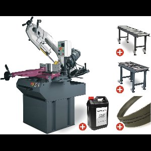 Metaalbandzaag -45/+60° zaagcapaciteit rond 255 mm 1,5 kW 400V incl. 2 rollenbanen 1M-2M 5 lintzagen 1 bus koelmelk Optisaw S300DG PACK2