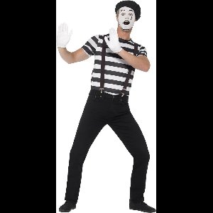 Mime Kostuum Heren Compleet - Zwart Verkleedkleding met Baret, Bretels en Make-up (Maat L)