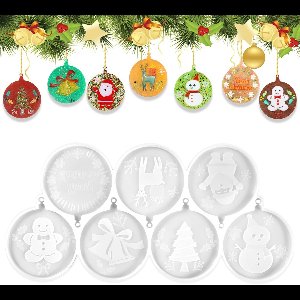 Christmas Resin Molds, Silicone Epoxy Resin Mold Round Shape for Christmas Tree Hanging Bell Snowman Santa Claus Reindeer Ornament Keychain Pendants DIY Gift Christmas Decoration