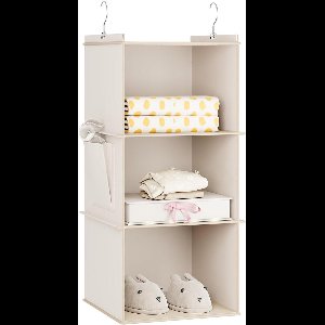 Smoakez - Opbergrek met 3 Planken en Zijzakken in Beige - Kleding Organizer voor Kast - Hangend en Opvouwbaar