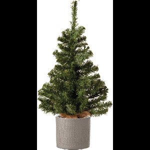 Volle mini kerstboom groen in jute zak 60 cm - Inclusief taupe plantenpot 12,5 x 13,5 cm - Kunstboompjes