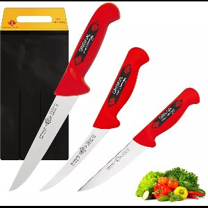 Eikaso Solingen Messenset Rood – 3-delig – Steekmessen & Gebogen Uitbeenmes – Voor Vlees & Groente – Solingen Duitsland