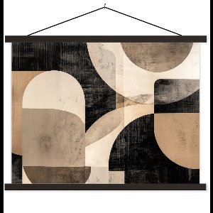 Posterhanger incl. Poster 60x45 cm - Schoolplaat - Abstract - Vormen - Modern - Beige - Textielposter - Zwarte latten