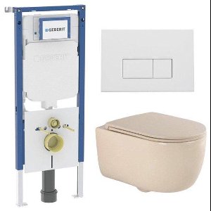 QeramiQ Dely Swirl Toiletset - 36.3x51.7cm - Geberit UP720 Duofix Sigma inbouwreservoir - slim zitting - mat witte metalen bedieningsplaat - rechthoekige knoppen - beige