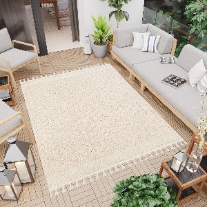 Tapiso Rio Loop Vloerkleed Outdoor Beige Buiten Boho Terras Tuin Franjes Maat- 120x170
