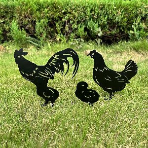 Unyqoos ® Metalen Kippenfamilie Tuindecoratie Set van 4 Stuks voor Buiten